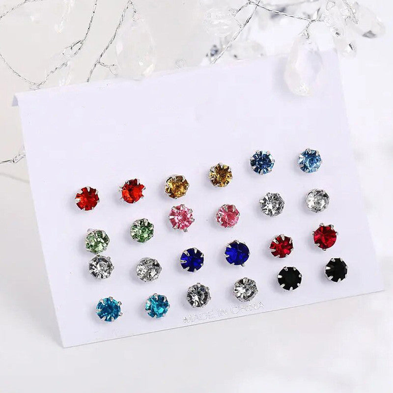 Silver Plated Multicolour Studs of 12 Pair For Women