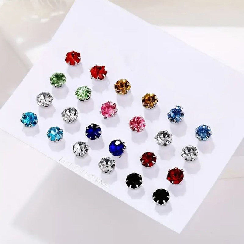 Silver Plated Multicolour Studs of 12 Pair For Women