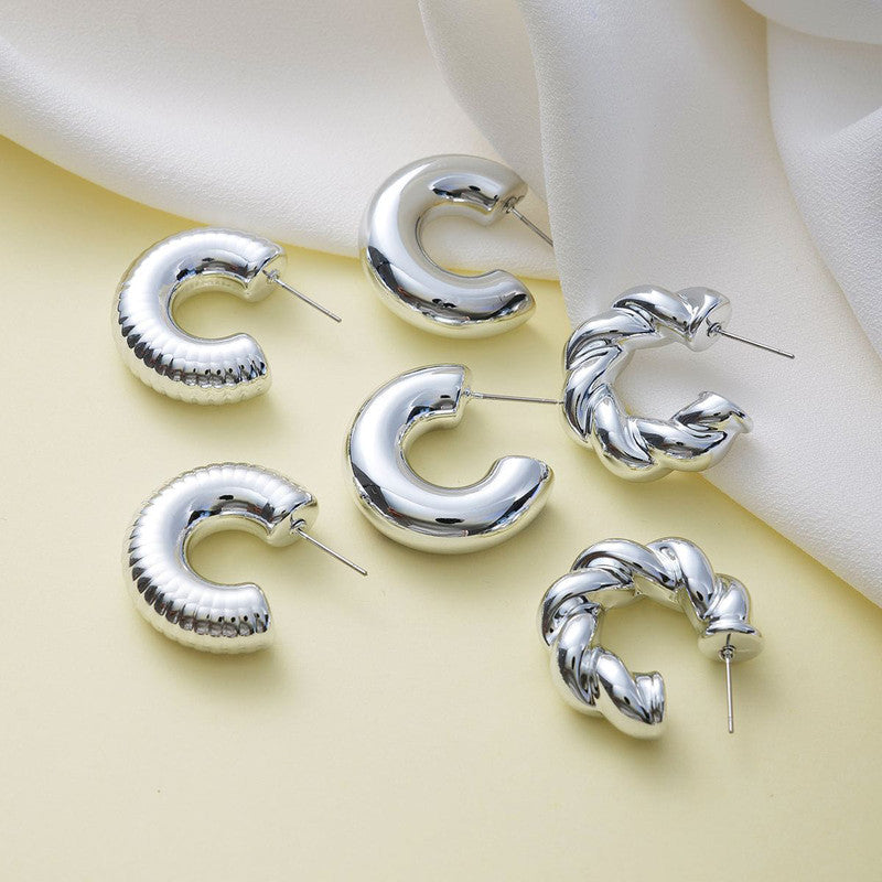 Silver Plated Silver Toned Half Hoop Earrings Combo of 3 For Women