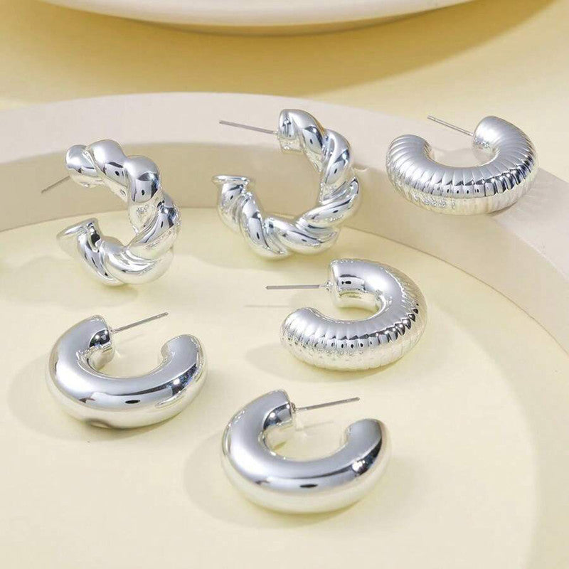 Silver Plated Silver Toned Half Hoop Earrings Combo of 3 For Women