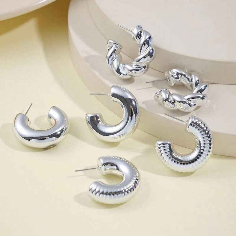 Silver Plated Silver Toned Half Hoop Earrings Combo of 3 For Women