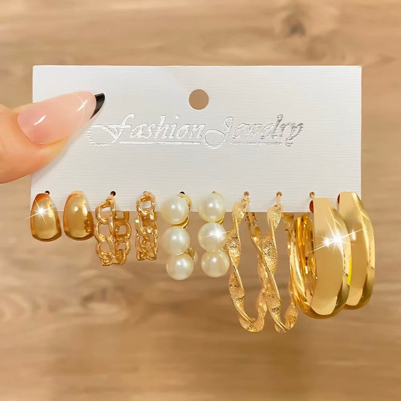 Gold Plated Contemporary Pack of 5 Hoop Earrings Combo For Women