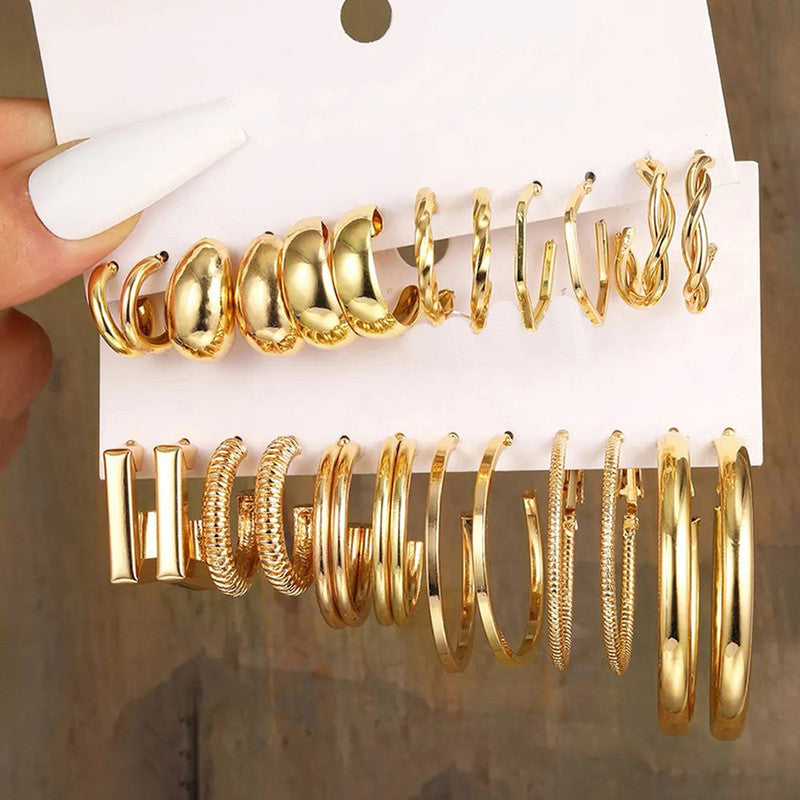 Gold Plated Contemporary Pack of 12 Hoop Earrings Combo For Women