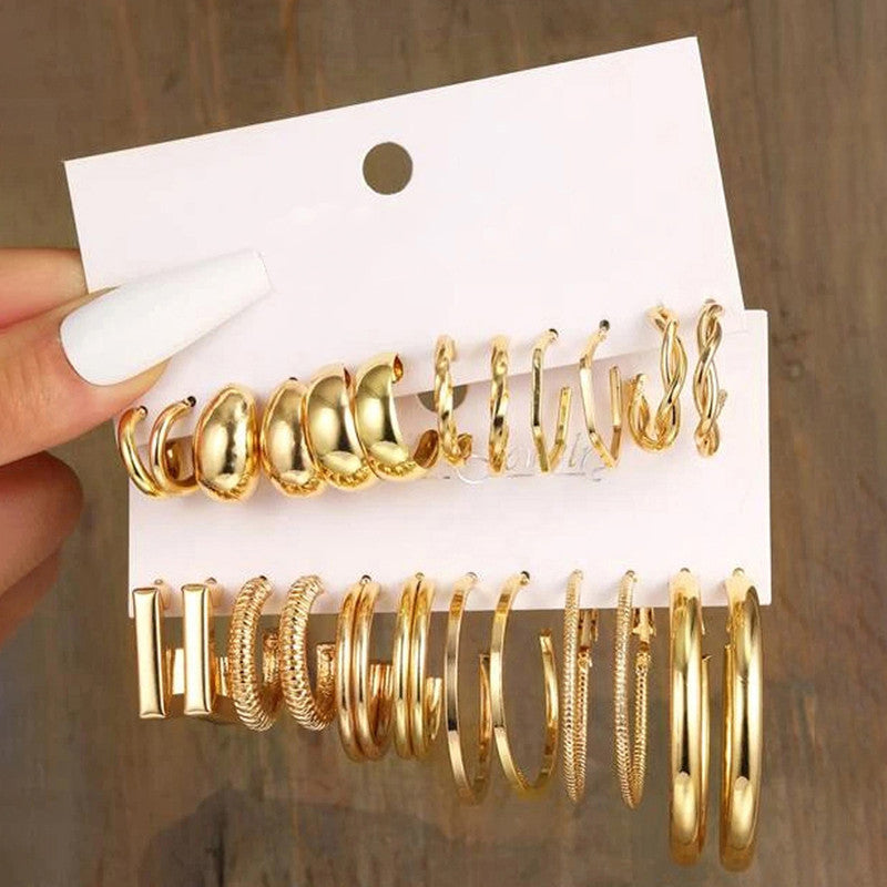 Gold Plated Contemporary Pack of 12 Hoop Earrings Combo For Women