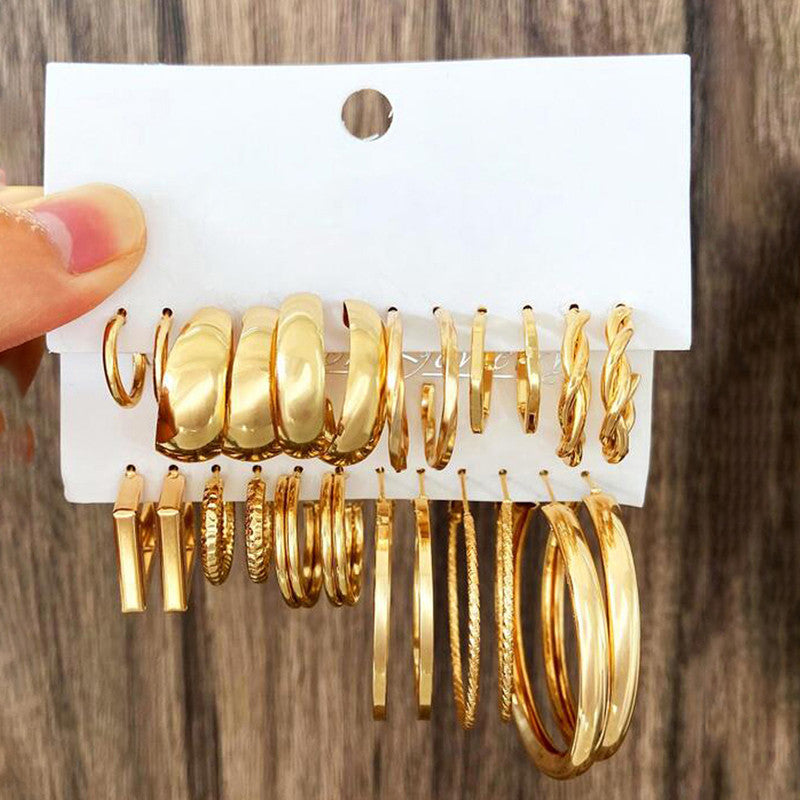 Gold Plated Contemporary Pack of 12 Hoop Earrings Combo For Women