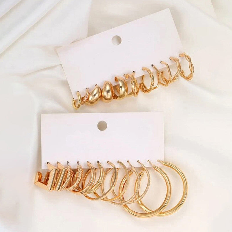 Gold Plated Contemporary Pack of 12 Hoop Earrings Combo For Women