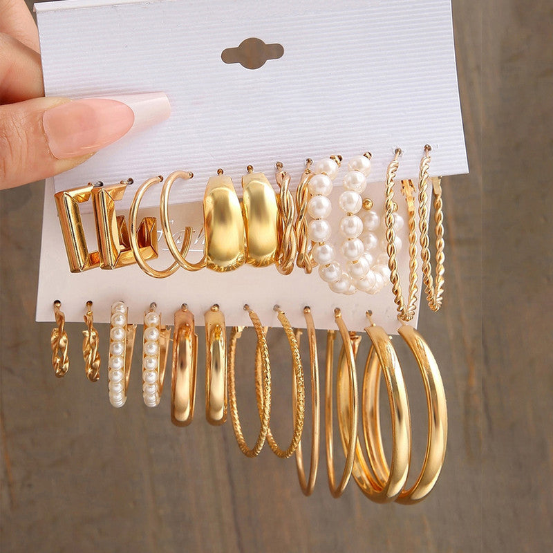 Gold Plated Contemporary Pack of 12 Hoop Earrings Combo For Women