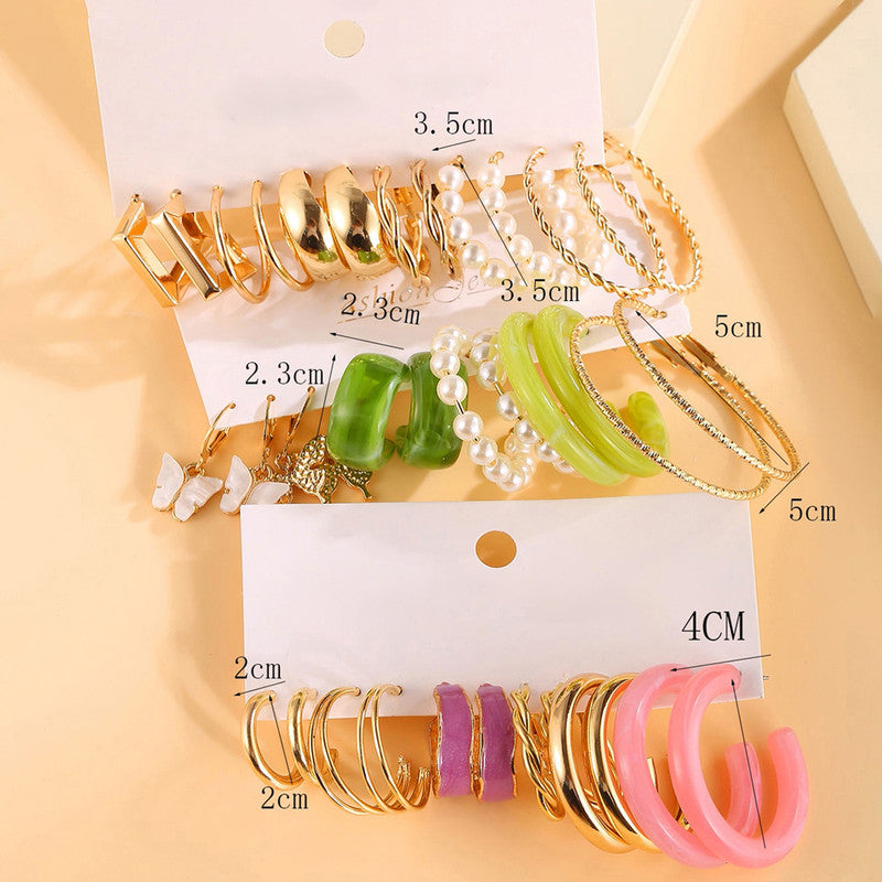 Gold Plated Set Of 18 Pairs Of Hoop And Pearl Earrings For Women