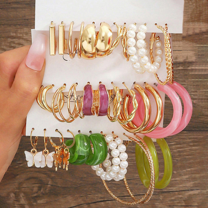 Gold Plated Set Of 18 Pairs Of Hoop And Pearl Earrings For Women