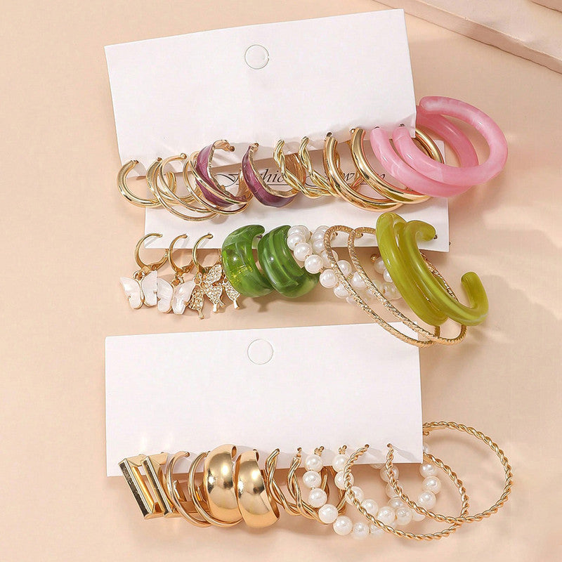 Gold Plated Set Of 18 Pairs Of Hoop And Pearl Earrings For Women