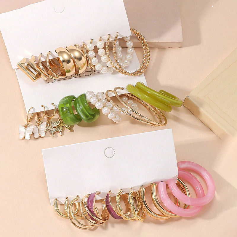 Gold Plated Set Of 18 Pairs Of Hoop And Pearl Earrings For Women