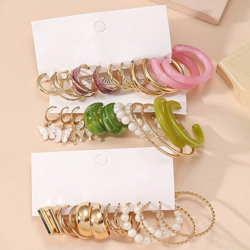 Gold Plated Set Of 18 Pairs Of Hoop And Pearl Earrings For Women