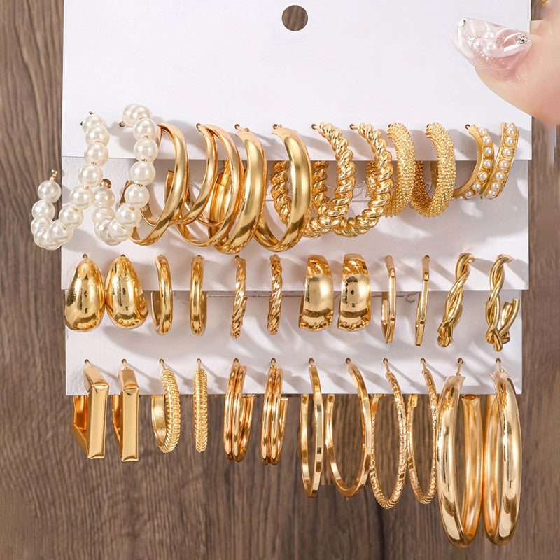 Gold Plated Set Of 18 Pairs Of Hoop And Pearl Earrings For Women