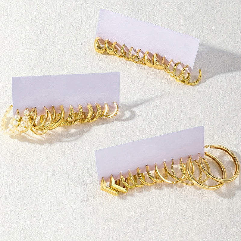 Gold Plated Set Of 18 Pairs Of Hoop And Pearl Earrings For Women