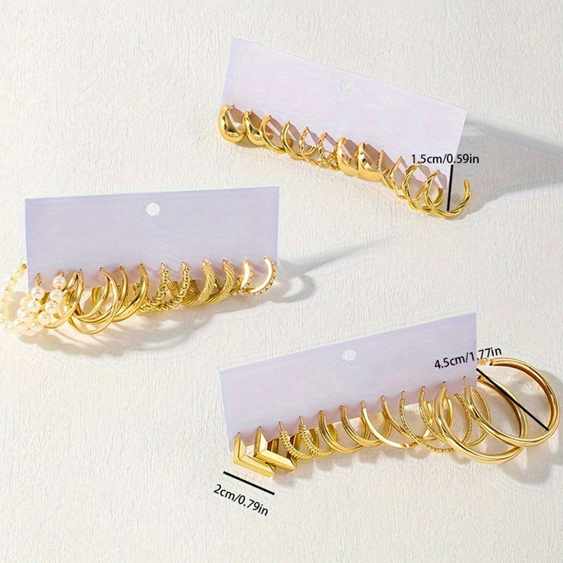 Gold Plated Set Of 18 Pairs Of Hoop And Pearl Earrings For Women