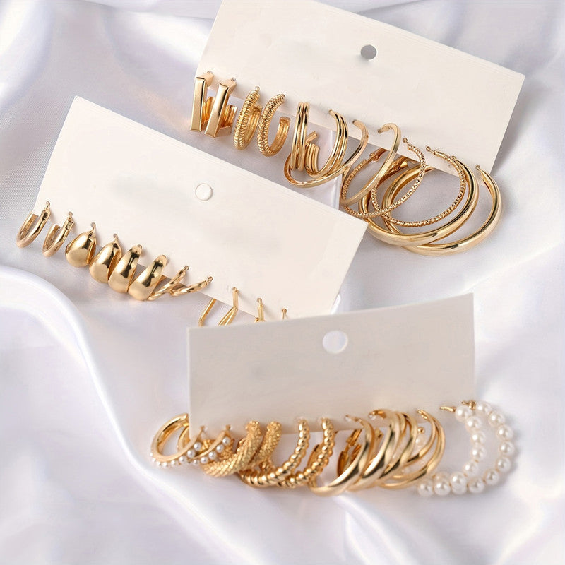 Gold Plated Set Of 18 Pairs Of Hoop And Pearl Earrings For Women