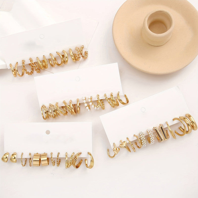 Gold Plated Set Of 24 Pairs Of Hoop And Pearl Earrings For Women