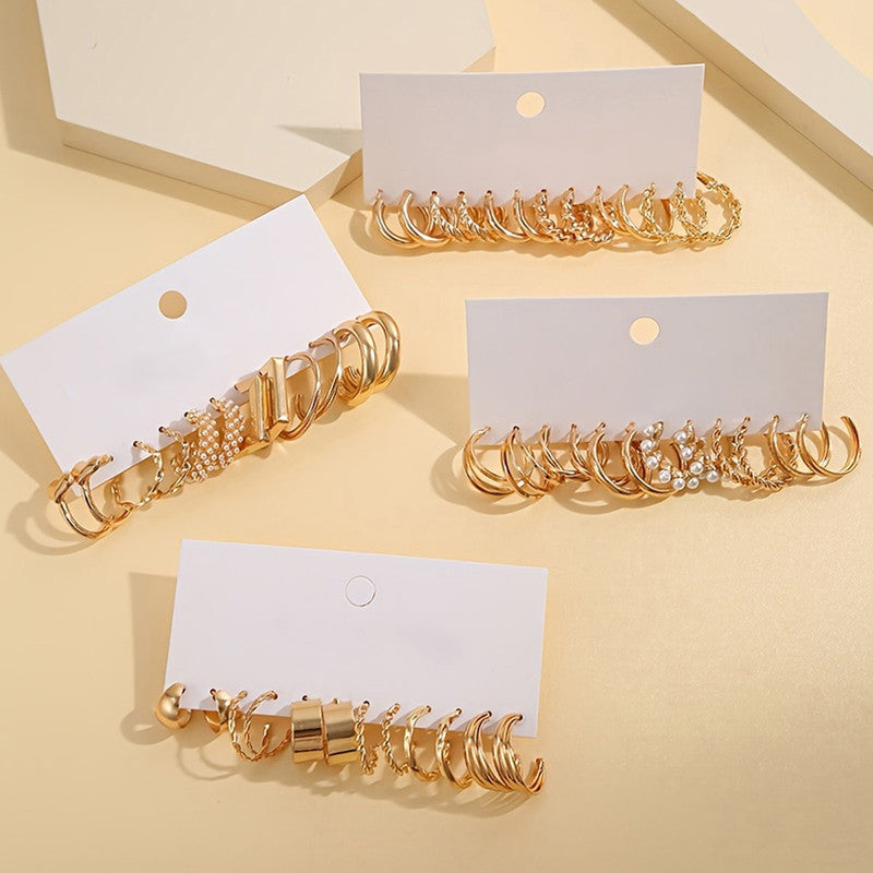 Gold Plated Set Of 24 Pairs Of Hoop And Pearl Earrings For Women