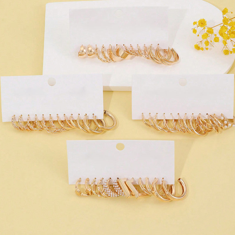 Gold Plated Set Of 24 Pairs Of Hoop And Pearl Earrings For Women