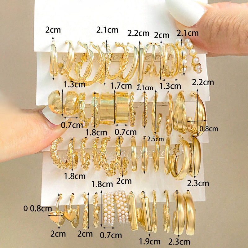 Gold Plated Set Of 24 Pairs Of Hoop And Pearl Earrings For Women