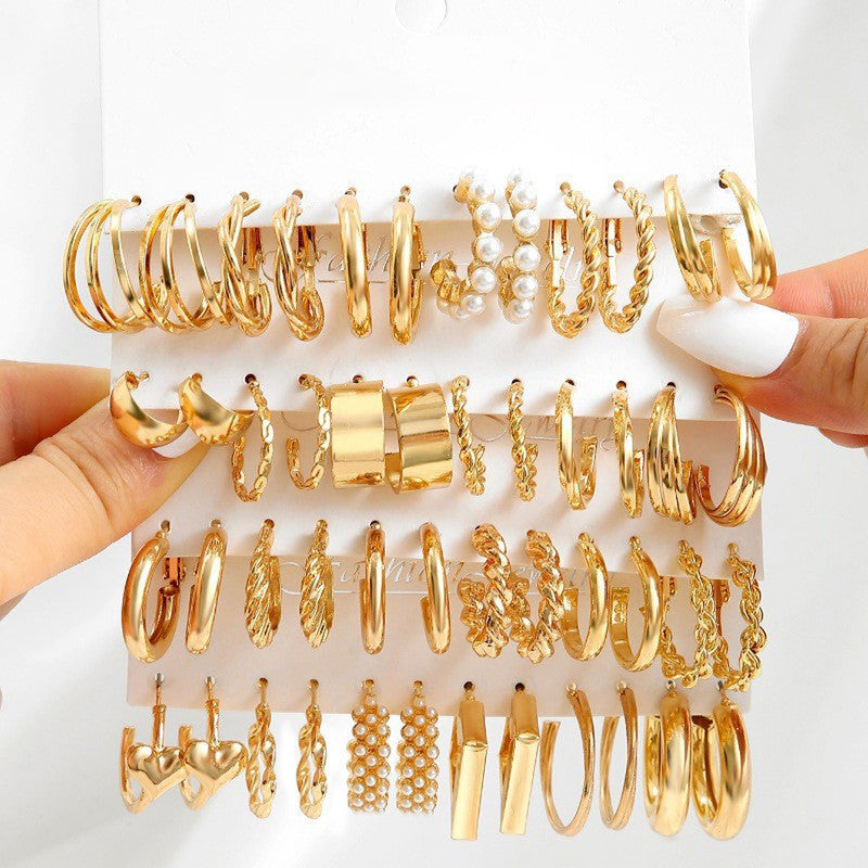 Gold Plated Set Of 24 Pairs Of Hoop And Pearl Earrings For Women