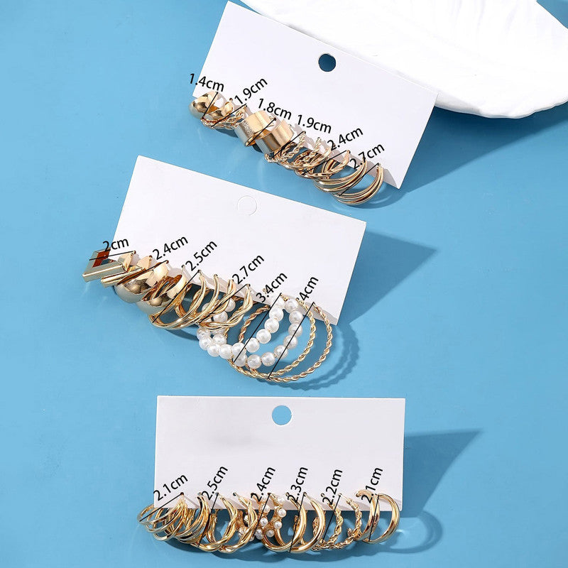 Gold Plated Set Of 18 Pairs Of Hoop And Pearl Earrings For Women