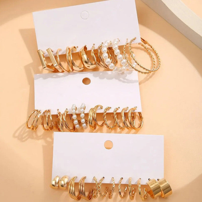 Gold Plated Set Of 18 Pairs Of Hoop And Pearl Earrings For Women