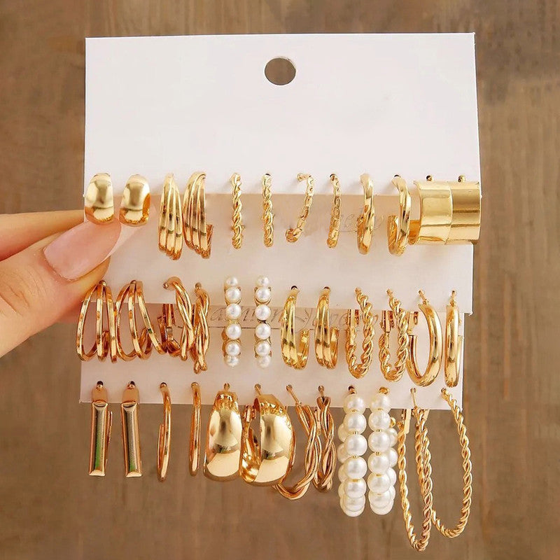 Gold Plated Set Of 18 Pairs Of Hoop And Pearl Earrings For Women