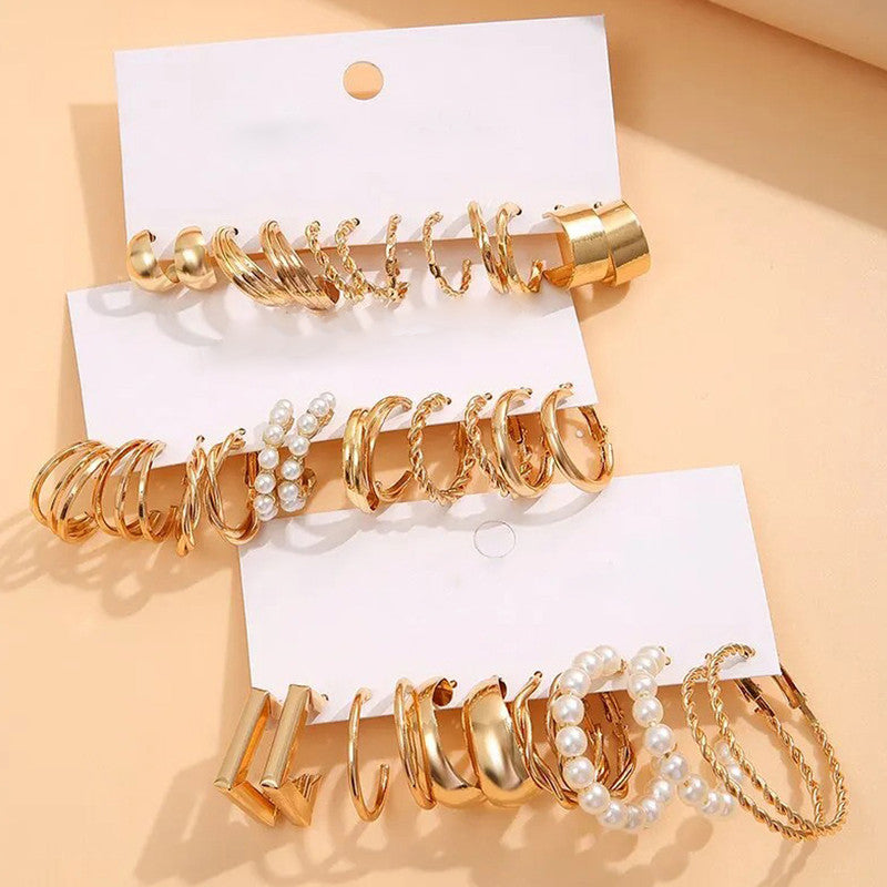 Gold Plated Set Of 18 Pairs Of Hoop And Pearl Earrings For Women