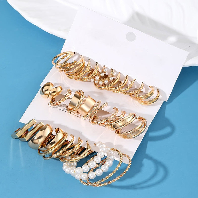 Gold Plated Set Of 18 Pairs Of Hoop And Pearl Earrings For Women