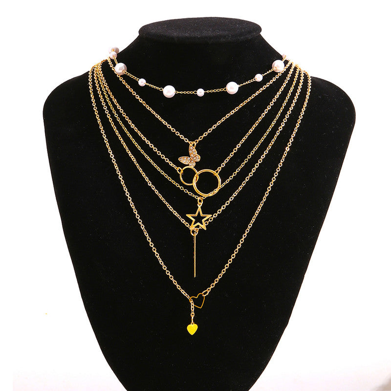 Gold Plated Butterfly inspired Set of 5 Layered Necklace For Women