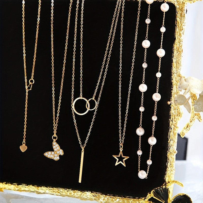 Gold Plated Butterfly inspired Set of 5 Layered Necklace For Women