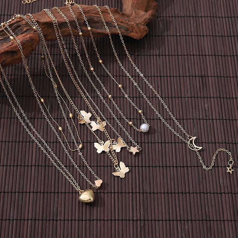 Gold Plated Butterfly inspired Set of 6 Layered Necklace For Women