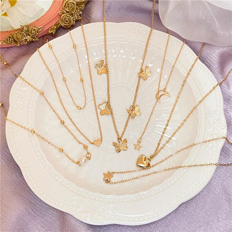 Gold Plated Butterfly inspired Set of 6 Layered Necklace For Women