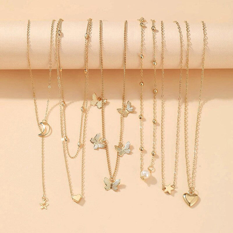 Gold Plated Butterfly inspired Set of 6 Layered Necklace For Women