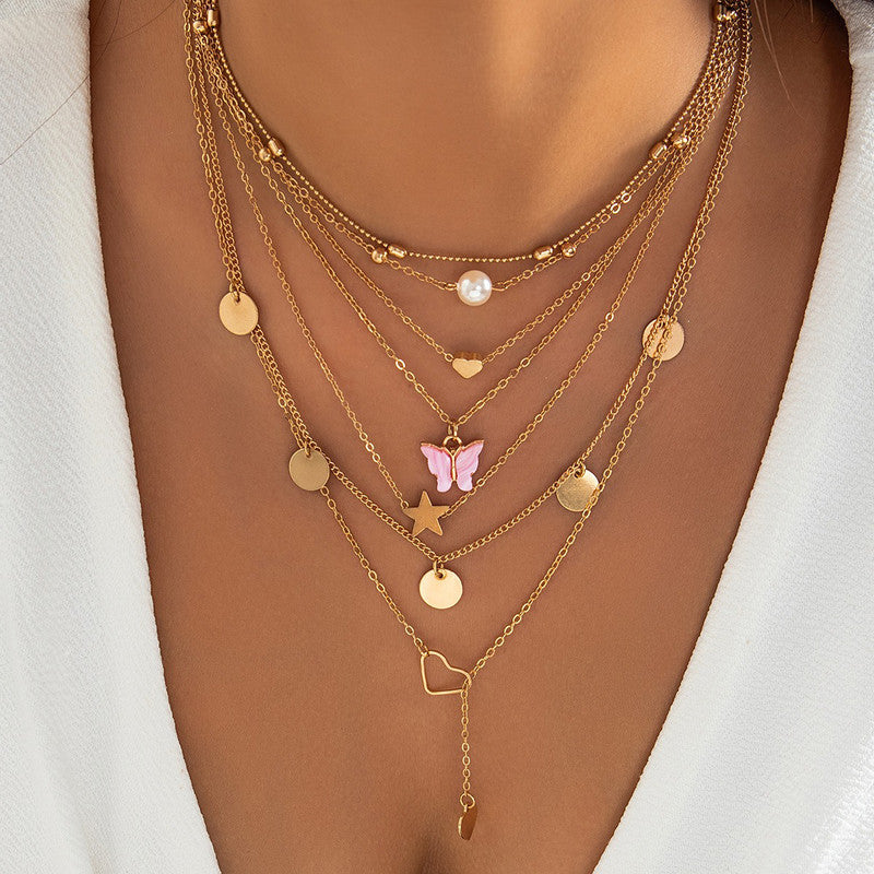 Gold-Plated Gold-Toned Pack of 7 Butterfly Layered Necklace