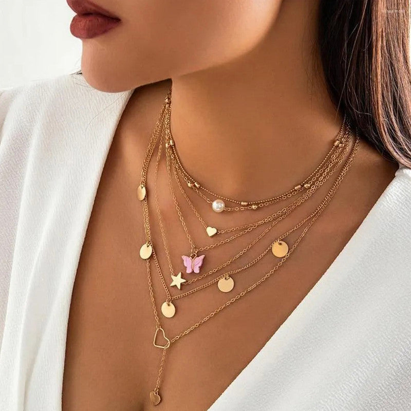 Gold-Plated Gold-Toned Pack of 7 Butterfly Layered Necklace