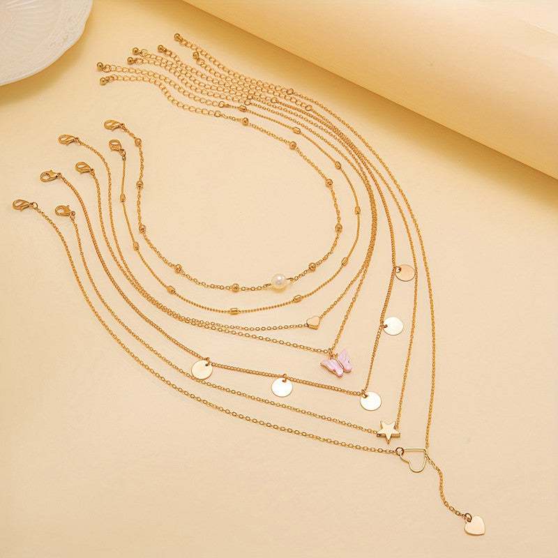 Gold-Plated Gold-Toned Pack of 7 Butterfly Layered Necklace