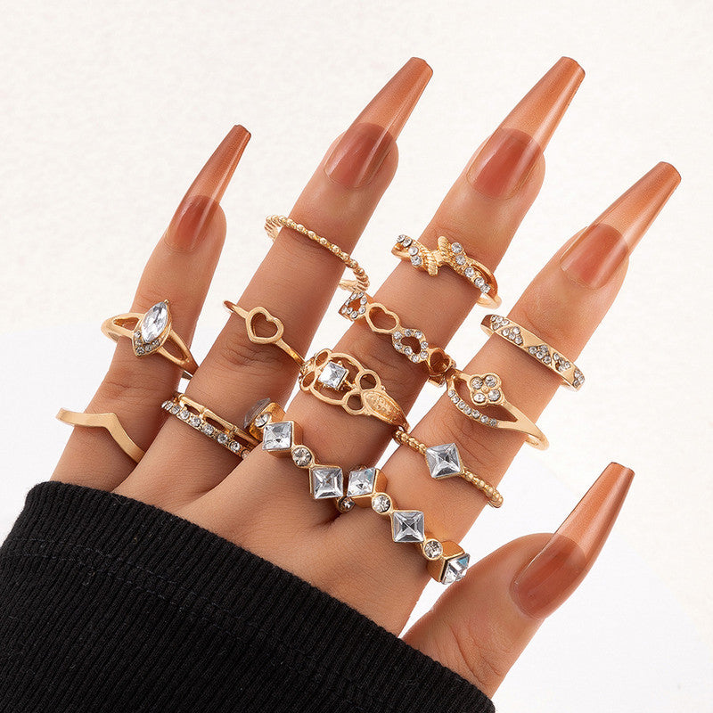 Gold Plated Stone Studded Contemporary Stackable Rings Set of 13