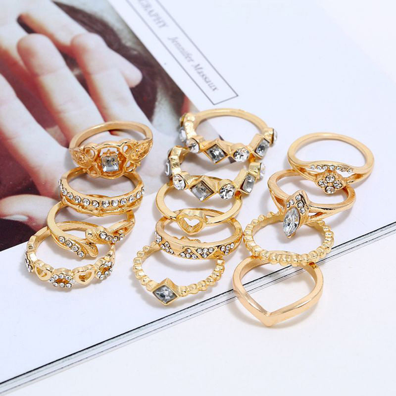 Gold Plated Stone Studded Contemporary Stackable Rings Set of 13