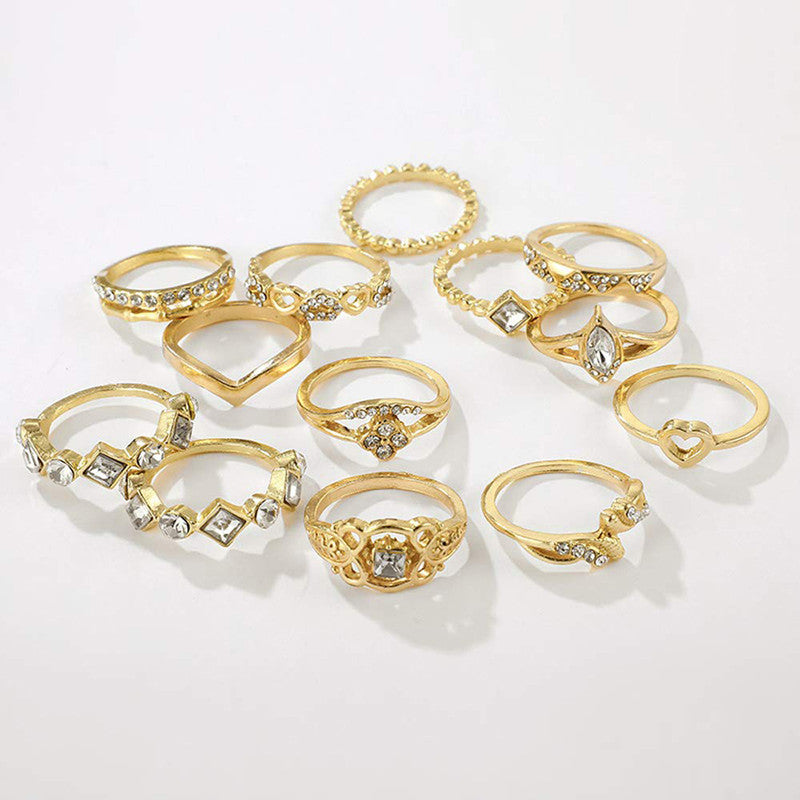 Gold Plated Stone Studded Contemporary Stackable Rings Set of 13