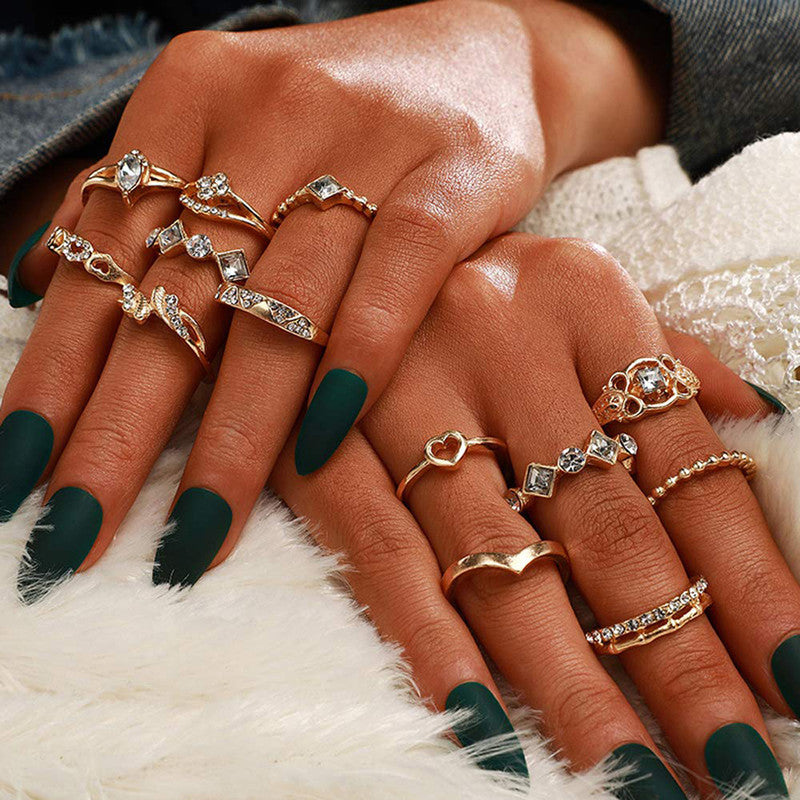 Gold Plated Stone Studded Contemporary Stackable Rings Set of 13