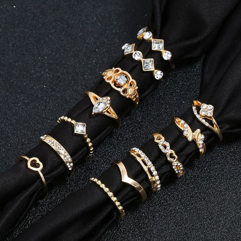 Gold Plated Stone Studded Contemporary Stackable Rings Set of 13