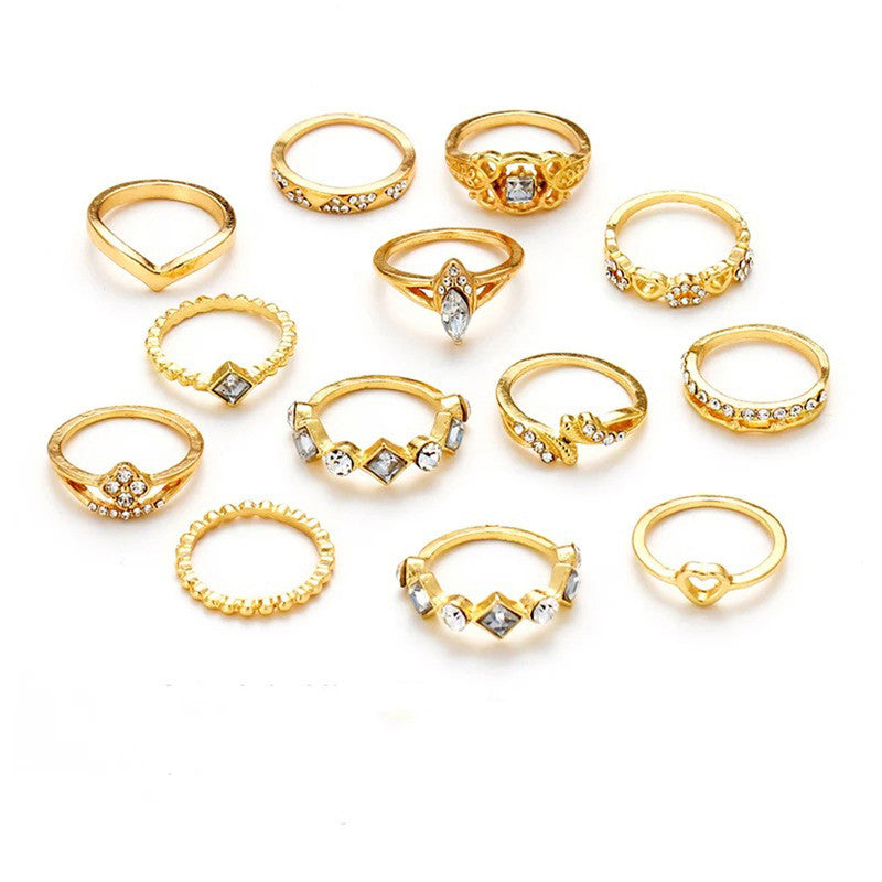 Gold Plated Stone Studded Contemporary Stackable Rings Set of 13