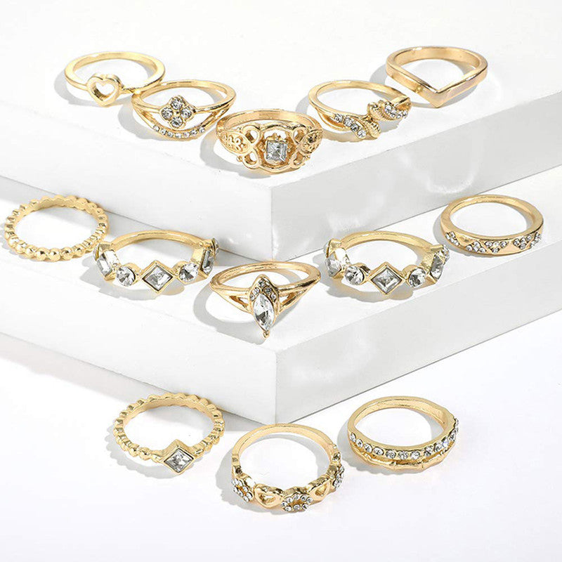 Gold Plated Stone Studded Contemporary Stackable Rings Set of 13