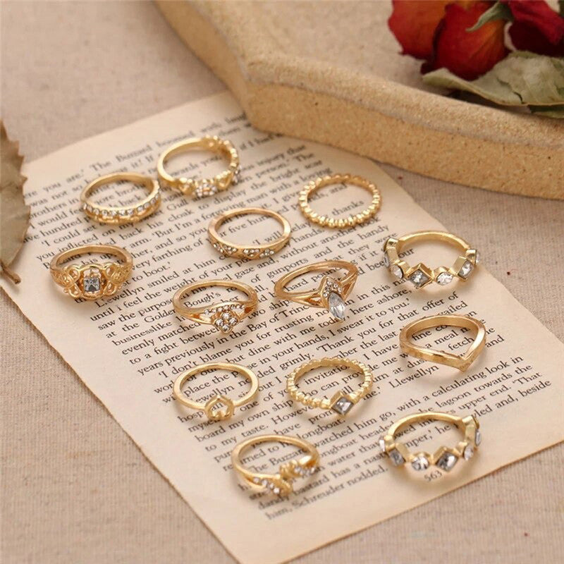 Gold Plated Stone Studded Contemporary Stackable Rings Set of 13