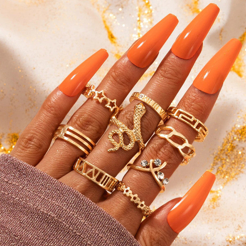 Gold Plated Snake Inspired Stackable Rings Set of 9