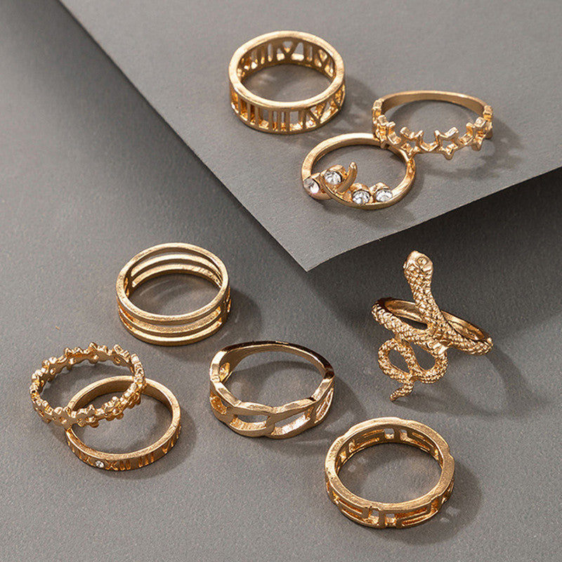 Gold Plated Snake Inspired Stackable Rings Set of 9