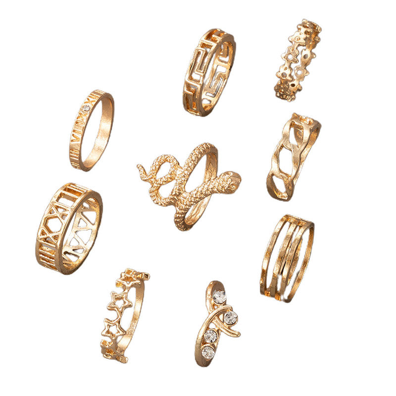 Gold Plated Snake Inspired Stackable Rings Set of 9