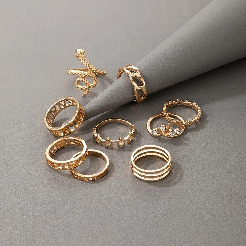 Gold Plated Snake Inspired Stackable Rings Set of 9